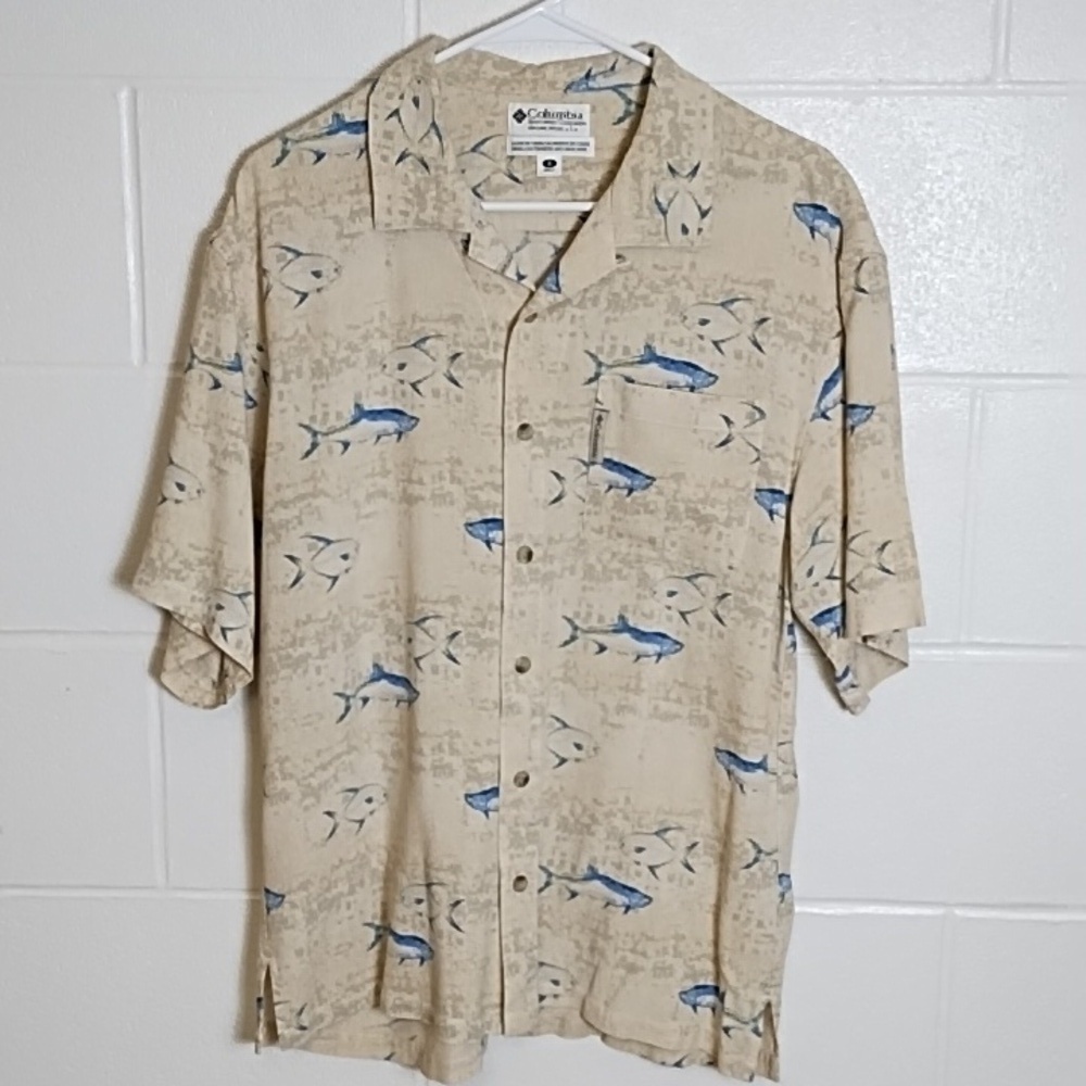 Columbia Textured 100% Silk Casual Side Vent Button Down Shirt Deep Sea Fish